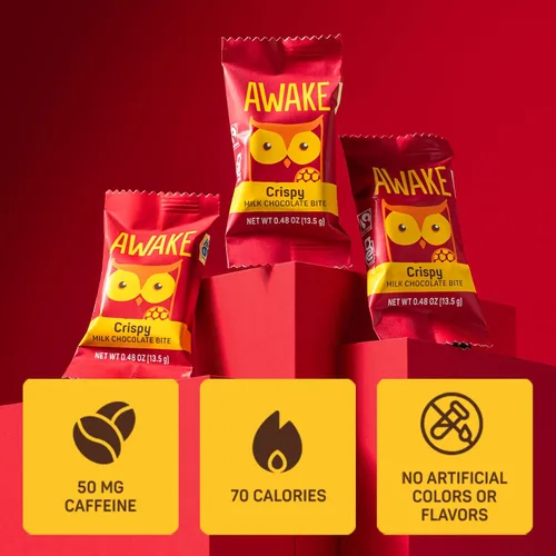Miniatura 3 de AWAKE - Bocaditos de chocolate con cafeína - Chocolate con leche crujiente, 50 piezas - 50 mg de cafeína - Dulces envueltos individualmente