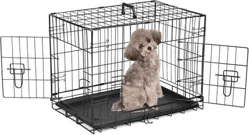 Miniatura 16 de Sweetcrispy Jaula para perros de 48 pulgadas, jaulas medianas y grandes de doble puerta plegable de alambre de metal con bandeja de plástico a