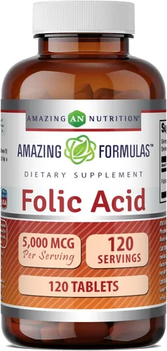 Amazing Formulas - 5000 Mcg de ácido fólico por porción, suplemento de tabletas, sin OMG, sin gluten, fabricado en Estados Unidos (paquete de 1, 120