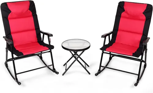 Miniatura 9 de Tangkula Juego de 3 piezas de bistró plegable, sillas mecedoras al aire libre y mesa redonda, juego de muebles plegables para patio trasero, jardín
