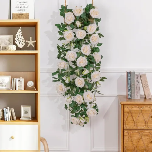 Miniatura 4 de U'Artlines Paquete de 3 Enredaderas de Rosas Champán Artificiales Guirnaldas Florales Total 19.5 Pies Guirnalda de Flores de Seda de Enredadera