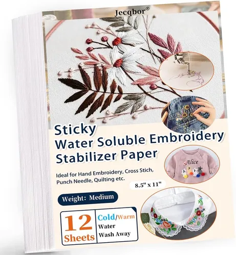Water Soluble Stabilizer for Embroidery Printable - Jecqbor 12PCS 8.5''x 11'' Stick and Stitch Embroidery Paper Wash Away,Dissolvable Backing for