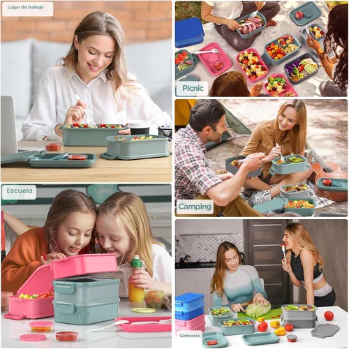 Miniatura 4 de DaCool Lonchera Bento para adultos, caja Bento de 74 onzas, contenedor apilable todo en uno para adultos, caja Bento grande con tenedor, cuchara