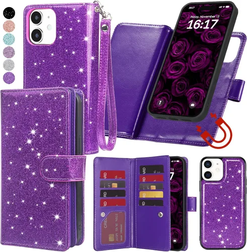 Varikke Funda tipo cartera desmontable para iPhone 11 con tarjetero para mujer, correa de muñeca de piel sintética con purpurina a la moda, cartera