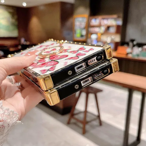 Miniatura 14 de Funda de mariposa con soporte de anillo para Galaxy Z Flip 3 para mujeres y niñas, diseño de caja cuadrada de lujo, diseño de mármol brillante
