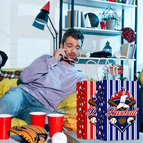 Miniatura 6 de Paquete de 12 bolsas de regalo para fiesta de béisbol, para regalos de béisbol, bolsas con mango, para fiestas con temática de béisbol, cumpleaños