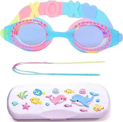 Gafas de natación para niñas de 4 a 12 años | Sin fugas, protección UV antivaho | con funda rígida de alta calidad 07: Lente espejo con arco iris