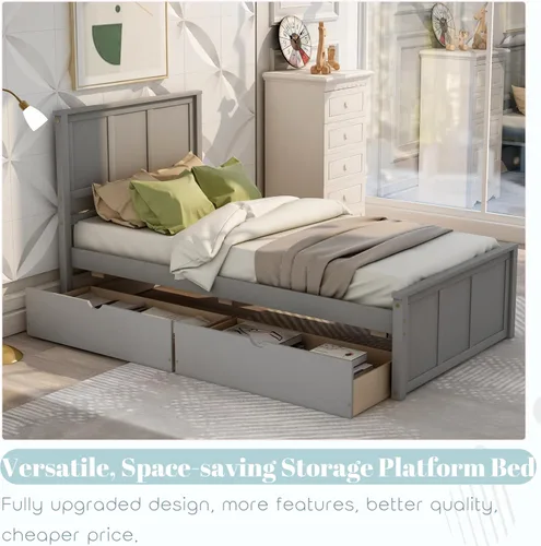 Miniatura 3 de Bellemave Cama individual con cajones, plataforma de madera con cabecero y estribo, cama capitán de madera para niños, niñas, niños, adolescentes