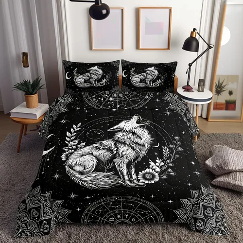 Castle Fairy Juego de edredón tamaño twin con lobo, animales salvajes y plantas, exótico, bohemio, loto misterioso, colección de cama suave,