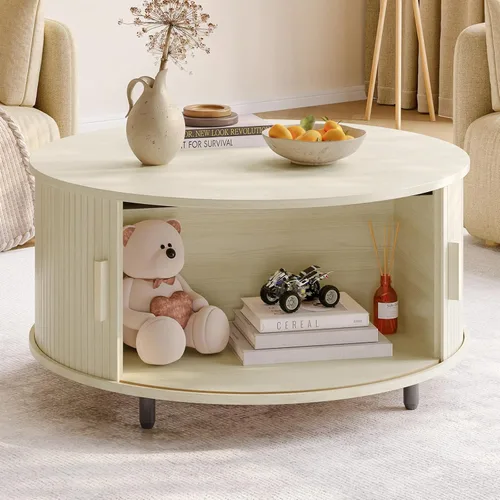 ONBRILL Mesa de centro redonda con almacenamiento, mesa de centro moderna de 31.5 pulgadas con puerta corredera curvada de 360°, mesa de centro de