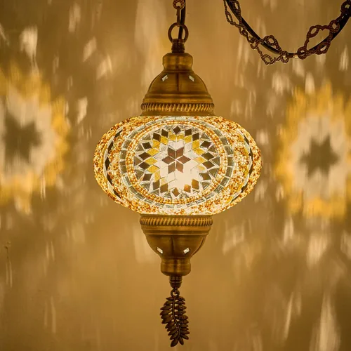 DEMMEX Lámpara Colgante de Techo de Mosaico Turco Marroquí Enchufable - Luminaria Tipo Swag con Cable de 15 pies y Cadena, Vidrio Hecho a Mano,