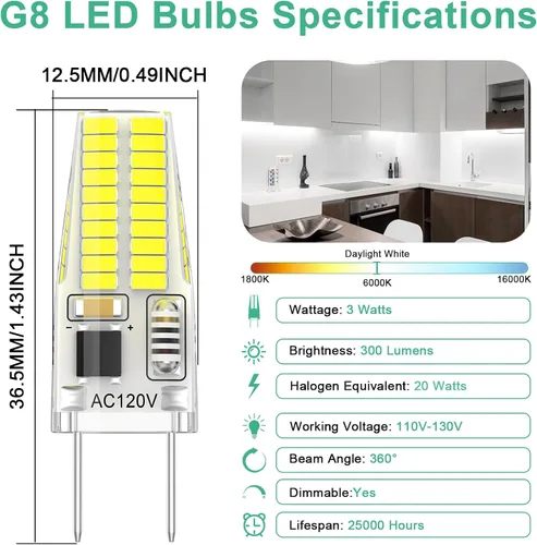 Miniatura 3 de Bombilla LED G8 regulable, 120V 20W 25W T4 JCD Tipo Base Bi-Pin, reemplazo de halógeno para iluminación de casquillo bajo gabinete, luz blanca