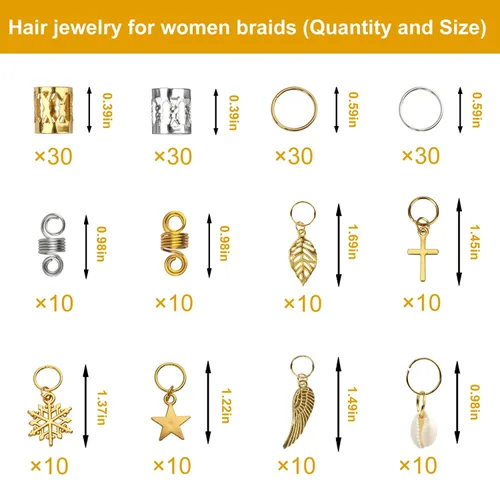 Miniatura 7 de Nafaboig 200 cuentas de cabello para trenzas, joyería Loc para cabello, accesorios de rastas, clips de metal dorado y plateado, espirales, anillos