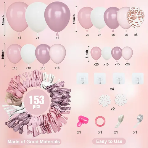 Miniatura 2 de Amandir Kit de guirnalda de arco de globos rosa y blanco de diferentes tamaños de 18, 12, 10 y 5 pulgadas, globos de látex metálico con confeti