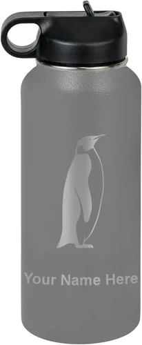 Miniatura 48 de LaserGram Botella de agua personalizada, pingüino, acero inoxidable de doble pared aislada al vacío con popote superior, regalo grabado