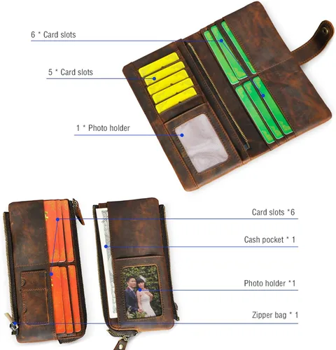 Miniatura 40 de Genuino Caballo Loco Cuero Regalo de Viaje Moneda Bolsillo Tarjetero Organizador Largo Cadena Rfid Cartera Monedero Con Broche Para Hombres Hombres
