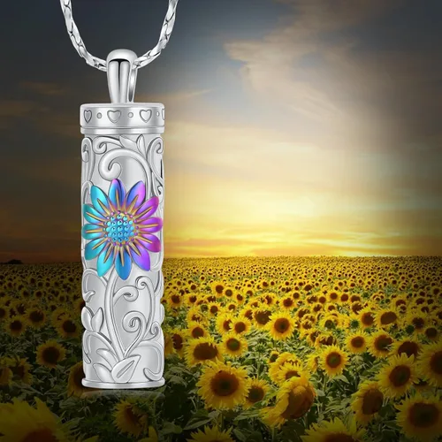 Miniatura 18 de Collar de urna de girasol para cenizas, collar de barra cilíndrica para cenizas para mujer, colgante de recuerdo para cenizas, joyería de cremación