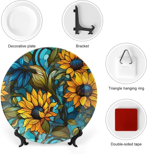 Miniatura 3 de Platos decorativos, diseño floral de otoño azul y naranja, plato de cena de cerámica con soporte de exhibición, decoración para colgar en la pared