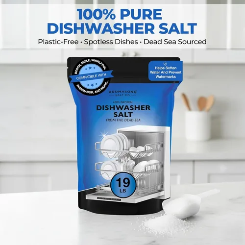 Miniatura 2 de Aromasong Sal para lavavajillas de 19 libras, agente suavizante de agua 100% natural para platos más limpios y reactivación de lavadora. Compatible