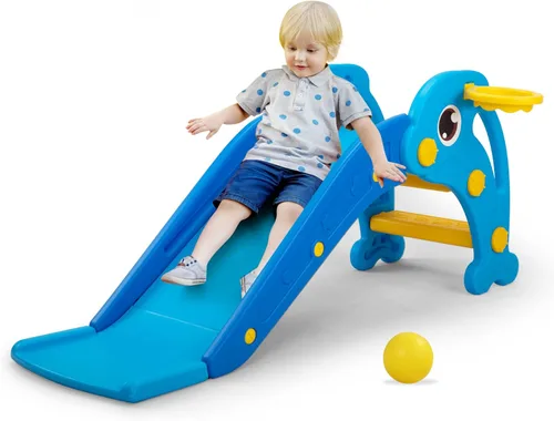 NYEEKOY Tobogán 3 en 1 para niños pequeños, tobogán para bebés, juego de escalador de plástico con aro de baloncesto y pelota, patio de juegos Azul