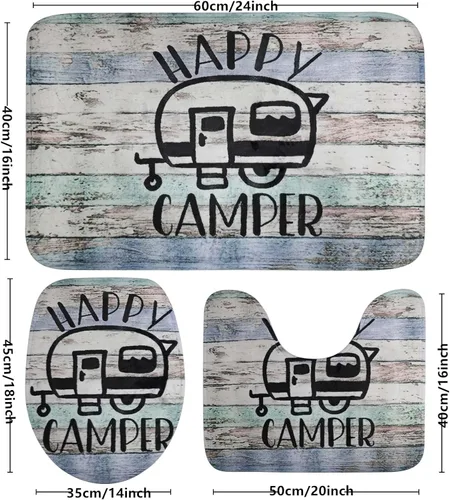 Miniatura 3 de Syhonic Juego de alfombras de baño de 3 piezas, alfombra de baño Happy Camping, tapete de contorno y funda para asiento de inodoro, tapetes de baño