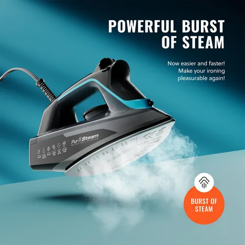 Miniatura 4 de Pursteam SteamBurst+ Plancha de vapor de 1750 W, suela de cerámica, vapor ajustable, ráfaga de vapor, autolimpiante, anticalco, antigoteo, potente