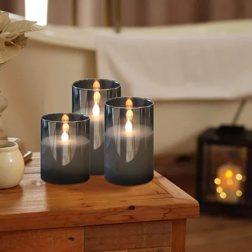 Miniatura 6 de HIYAA Velas LED sin llama, velas de cristal gris que funcionan con pilas parpadeantes con control remoto, mecha 3D, luz cálida realista, velas LED