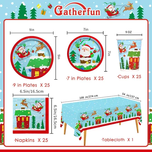 Miniatura 2 de Suministros para fiestas de Navidad – Juego de platos, servilletas y tazas de papel desechables con temática de Papá Noel de Navidad con mantel