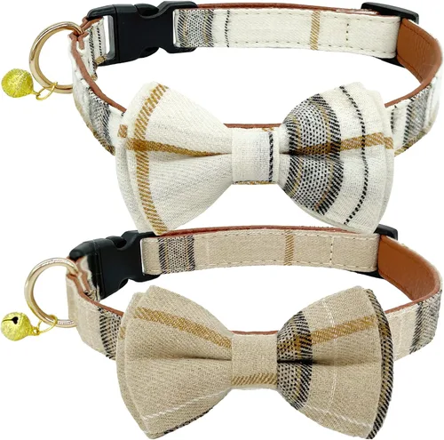 Paquete de 2 collares de perro con corbatín y campanas, ajustable lindo collar de corbatín para perros pequeños, medianos y grandes, mascotas (beige