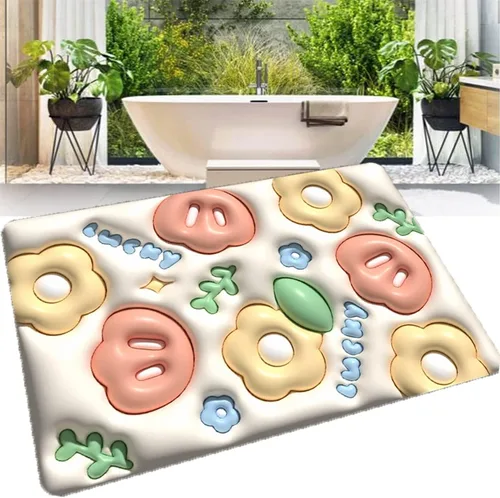 Miniatura 2 de LELEBEAR Tapete absorbente antideslizante visual 3D, tapete de baño de flores lindas, tapete de baño de barro de diatomeas suave, súper absorbente