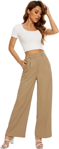 Miniatura 6 de FUNYYZO Pantalones de trabajo de cintura alta para mujer, pantalones de vestir casuales de oficina con bolsillos 2023