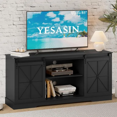 Miniatura 4 de Soporte de TV de granja para TV de 55, 60 y 65 pulgadas, mueble de TV moderno de mediados de siglo con almacenamiento y puertas corredizas