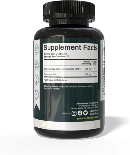 Miniatura 2 de NutriFlair Suplemento liposomal NAD+ con resveratrol 1000 mg por porción, 60 cápsulas – Alta absorción, sin OMG, fabricado en Estados Unidos