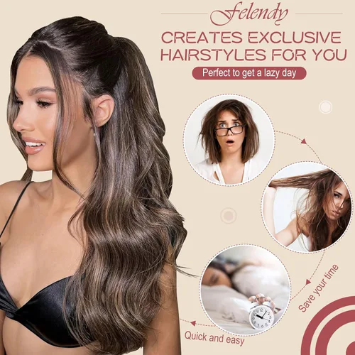 Miniatura 6 de FELENDY Extensión de cola de caballo, extensiones de cabello rizado ondulado de 18 pulgadas para mujer, extensiones de cabello sintético con clip