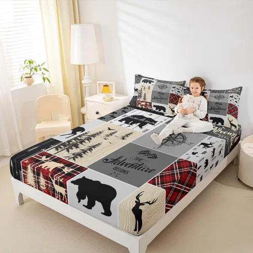 Miniatura 19 de Sábana bajera de retazos rústicos, sábanas de ciervos de oso para niños, adolescentes, adultos, mujeres, juego de ropa de cama rústica de granja