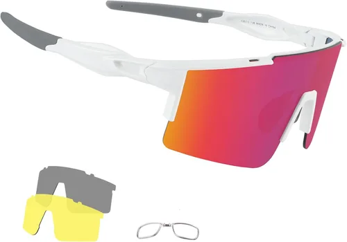 Miniatura 15 de OULAIQI Gafas de sol de ciclismo, polarizadas, para hombres y mujeres, con 1 lente o 3 lentes intercambiables, gafas de béisbol Rojo