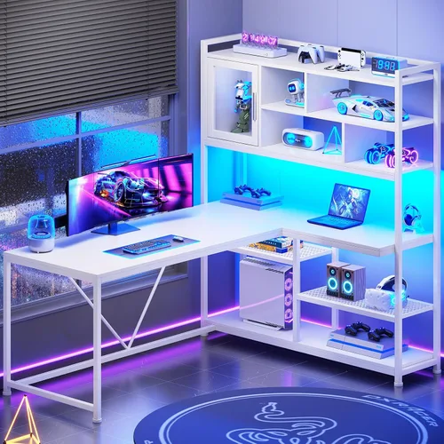 Miniatura 8 de SEDETA Escritorio para Computadora en Forma de L, Escritorio de Oficina de 58'' con Luz LED y Estantería, Escritorio de Esquina en Forma de L