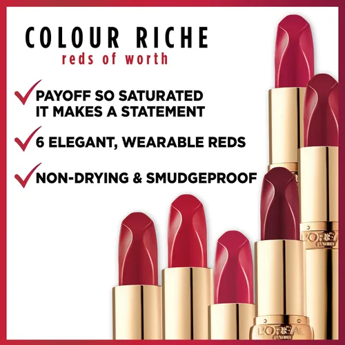 Miniatura 3 de L'Oreal Paris Colour Riche Lápiz Labial Rojo, de Larga Duración, Acabado Satinado a Prueba de Manchas con Aceite de Argán Hidratante y Vitamina E