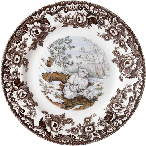 Miniatura 20 de Spode Woodland - Plato de ensalada de porcelana fina, diseño de lucioperca con borde floral marrón, vajilla clásica de campo inglés para cenas