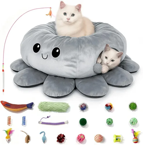 Miniatura 10 de Cama túnel para gatos con 20 juguetes para gatos, túnel de juego plegable para gatos de interior, juguetes para gatitos de interior, en forma de Rosa