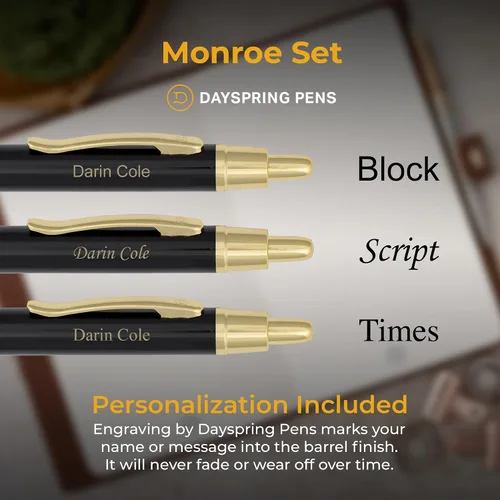 Miniatura 3 de Dayspring Pens Monroe - Juego de bolígrafo y lápiz, laca negra con detalles dorados, grabado personalizado: graduación, promoción, aniversario
