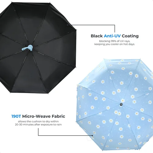 Miniatura 5 de Paraguas compacto plegable de viaje con apertura y cierre automático para resistente al viento, a la lluvia y a los rayos UV, sombrilla