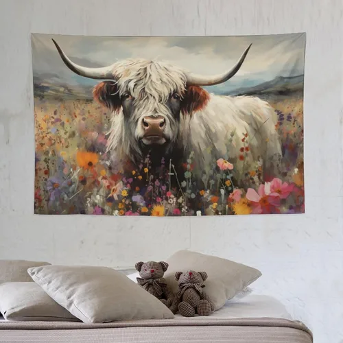 Miniatura 6 de FeoYoed Tapiz de vaca de las montañas para colgar en la pared, estético, lindo y divertido animal, decoración floral, dormitorio, sala de estar