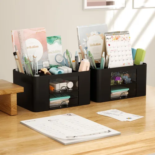 Miniatura 4 de Organizador de escritorio Vimbo de 7 rejillas con cajón – Organizador de mesa multifuncional de plástico y soporte para bolígrafos para la escuela