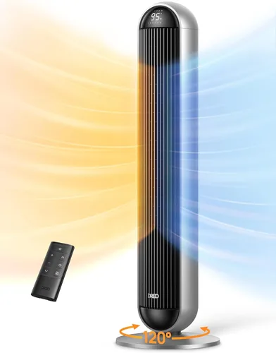 DREO Combo de ventilador de torre y calentador, ventiladores de pie de 29.2 pies/s para dormitorio, 17 niveles, 6 modos, oscilación de 120°, 42