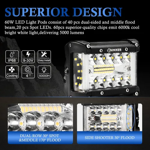 Miniatura 3 de BUNKER INDUST Kit de Arnés de Cableado para Cápsulas de Luz LED Side Shooter, 2 Piezas de Barra de Luz LED de 4" Spot Flood de 60W, Luz de Trabajo