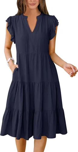 Miniatura 10 de ANRABESS Vestido de verano para mujer, manga con volantes, cuello en V, vestido midi a la moda, casual, holgado, escalonado, bohemio, playa