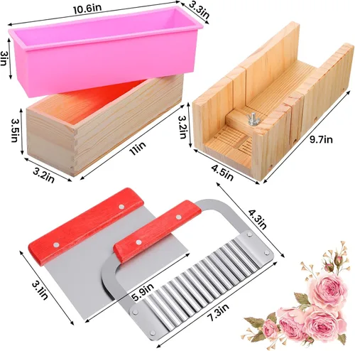 Miniatura 2 de Kit de suministros para hacer jabón de pan de 42 onzas, incluye caja de corte de madera ajustable + pan rectangular con caja de madera, cortador