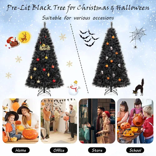 Miniatura 8 de Goplus - Árbol de Navidad artificial negro de 7 pies con luces preinstaladas, árbol de Halloween artificial, árbol de Navidad completo con bisagras