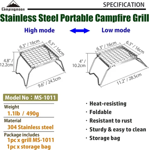 Miniatura 3 de Campingmoon - Parrilla plegable portátil para fogata sobre fuego, estufas divididas de acero inoxidable 304 (alambre de rejilla (MS-1011))